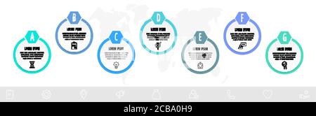 Infografiken Kreise mit 7 Schritten, Symbole. Vektorvorlage für flache Linien. Kann für sieben Business-, Web-, Workflow-Layout, Flussdiagramm, Infograph verwendet werden Stock Vektor