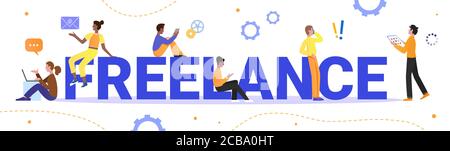 Freiberufler Menschen mit freiberuflichen Wort Vektor Illustration. Cartoon Wohnung winzigen Mann Frau Zeichen arbeiten online auf Laptop, Tablet oder Telefon aus dem Home Office, Remote-Arbeit in der Ferne isoliert auf weiß Stock Vektor