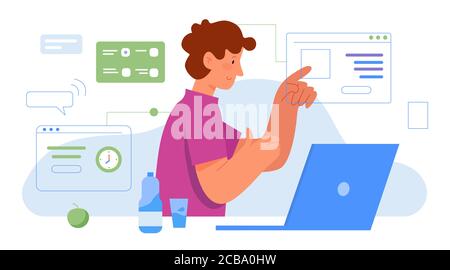 Multitasking Büro Arbeit Vektor Illustration. Cartoon Wohnung beschäftigt Geschäftsmann Charakter arbeiten auf viele virtuelle Business-Aufgaben. Multitasking-Konzept, moderne effektive Zeitmanagement isoliert auf weiß Stock Vektor