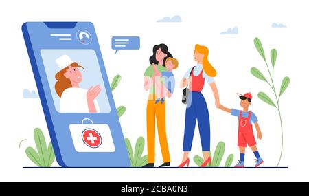 Online Arzt medizinische Beratung Vektor Illustration. Cartoon Wohnung Familie Patienten Menschen, Mutter mit Kind Beratung Arzt auf Smartphone-Bildschirm, Telemedizin Anwendungskonzept isoliert auf weiß Stock Vektor