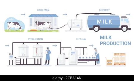 Vektorgrafik Milchflasche Produktionsprozess. Cartoon flache Infografik Poster mit Verarbeitungslinie in automatisierten Molkereifabrik, Pasteurisierung und Abfüllung Milchprodukt isoliert auf weiß Stock Vektor