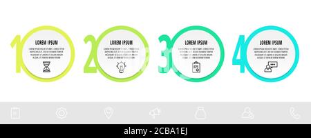 Infografiken Kreise mit 4 Schritten, Symbole. Vektorvorlage für flache Linien. Kann für vier Unternehmen, Web, Banner, Workflow-Layout, Flussdiagramm, Informationen verwendet werden Stock Vektor