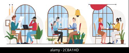 Die Menschen essen in Café flache Vektor-Illustration. Cartoon Freund Figuren Gruppe Essen Mittag-oder Abendessen in der Cafeteria oder Food Court Interieur, Treffen für Business oder freundliche Konversation isoliert auf weiß Stock Vektor