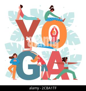 Yoga Aktivität Vektor Illustration Set. Cartoon flache aktive Menschen tun Yogi Asana Pose Praxis, Mann Frau Zeichen Stretching, meditieren neben großen Yoga Wort und Blumenblätter isoliert auf weiß Stock Vektor