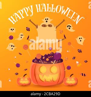 Kleiner Geist und schwarzer Junge springen auf den Kürbis mit Zuckerwatte. Halloween Vektorgrafik. Stock Vektor