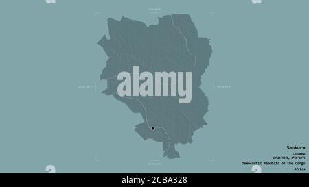 Gebiet von Sankuru, Provinz der Demokratischen Republik Kongo, isoliert auf einem soliden Hintergrund in einem georeferenzierten Begrenzungsrahmen. Beschriftungen. Farbige Elevati Stockfoto