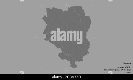 Gebiet von Sankuru, Provinz der Demokratischen Republik Kongo, isoliert auf einem soliden Hintergrund in einem georeferenzierten Begrenzungsrahmen. Beschriftungen. Bilevel Elevati Stockfoto