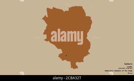 Gebiet von Sankuru, Provinz der Demokratischen Republik Kongo, isoliert auf einem soliden Hintergrund in einem georeferenzierten Begrenzungsrahmen. Beschriftungen. Zusammensetzung von Stockfoto