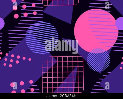 Geometrisches Nahtmuster im Stil der 80er Jahre. Geometrische Formen Dreiecke, Quadrate, Kreise abstrakte Komposition. Hintergrund für Werbeartikel Stock Vektor