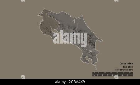 Entsättigte Form von Costa Rica mit seiner Hauptstadt, Hauptregionalteilung und dem abgetrennten Guanacaste-Gebiet. Beschriftungen. Farbige Höhenkarte. 3D-Renderin Stockfoto
