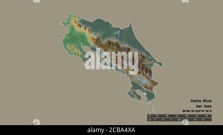 Entsättigte Form von Costa Rica mit seiner Hauptstadt, Hauptregionalteilung und dem abgetrennten Guanacaste-Gebiet. Beschriftungen. Topografische Reliefkarte. 3D-Renderi Stockfoto