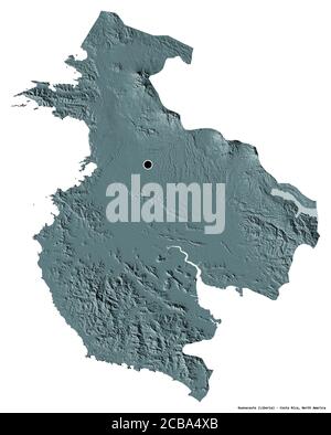 Form von Guanacaste, Provinz Costa Rica, mit seiner Hauptstadt isoliert auf weißem Hintergrund. Farbige Höhenkarte. 3D-Rendering Stockfoto