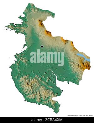 Form von Guanacaste, Provinz Costa Rica, mit seiner Hauptstadt isoliert auf weißem Hintergrund. Topografische Reliefkarte. 3D-Rendering Stockfoto