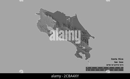 Entsättigte Form von Costa Rica mit seiner Hauptstadt, Hauptregionalteilung und dem abgetrennten Guanacaste-Gebiet. Beschriftungen. Höhenkarte mit zwei Ebenen. 3D-Renderin Stockfoto