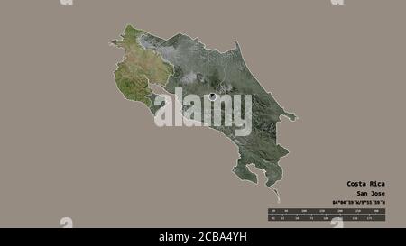 Entsättigte Form von Costa Rica mit seiner Hauptstadt, Hauptregionalteilung und dem abgetrennten Guanacaste-Gebiet. Beschriftungen. Satellitenbilder. 3D-Rendering Stockfoto
