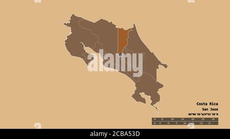 Entsättigte Form von Costa Rica mit seiner Hauptstadt, Hauptregionalteilung und dem abgetrennten Heredia-Gebiet. Beschriftungen. Komposition von gemusterten Texturen. 3D Stockfoto