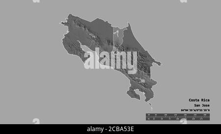 Entsättigte Form von Costa Rica mit seiner Hauptstadt, Hauptregionalteilung und dem abgetrennten Heredia-Gebiet. Beschriftungen. Höhenkarte mit zwei Ebenen. 3D-Rendering Stockfoto
