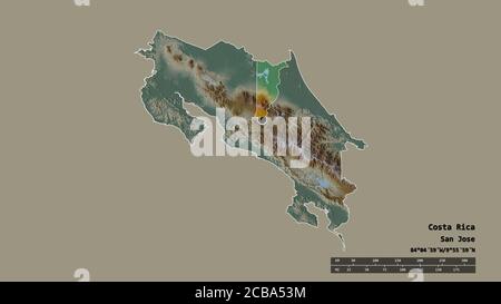 Entsättigte Form von Costa Rica mit seiner Hauptstadt, Hauptregionalteilung und dem abgetrennten Heredia-Gebiet. Beschriftungen. Topografische Reliefkarte. 3D-Rendering Stockfoto