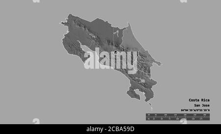 Entsättigte Form von Costa Rica mit seiner Hauptstadt, der wichtigsten regionalen Teilung und der getrennten Limón-Bereich. Beschriftungen. Höhenkarte mit zwei Ebenen. 3D-Rendering Stockfoto