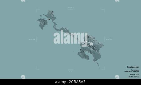 Gebiet von Puntarenas, Provinz Costa Rica, isoliert auf einem soliden Hintergrund in einer georeferenzierten Bounding Box. Beschriftungen. Farbige Höhenkarte. 3D-Renderin Stockfoto