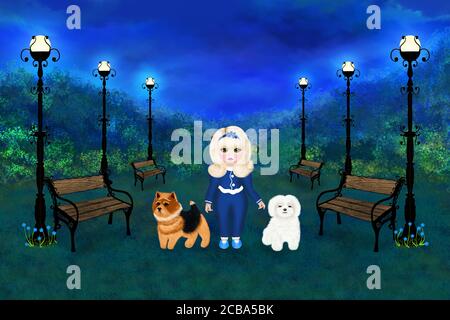 Blonde Mädchen geht zwei Hunde in einem schönen Nachtpark. Digitale Grafiken. Stockfoto