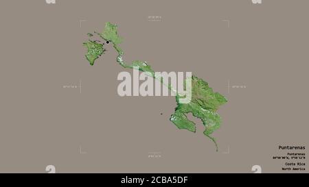 Gebiet von Puntarenas, Provinz Costa Rica, isoliert auf einem soliden Hintergrund in einer georeferenzierten Bounding Box. Beschriftungen. Satellitenbilder. 3D-Rendering Stockfoto