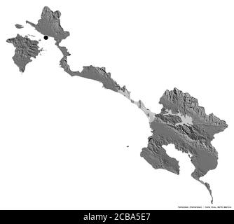 Form von Puntarenas, Provinz Costa Rica, mit seiner Hauptstadt isoliert auf weißem Hintergrund. Höhenkarte mit zwei Ebenen. 3D-Rendering Stockfoto