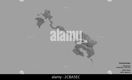Gebiet von Puntarenas, Provinz Costa Rica, isoliert auf einem soliden Hintergrund in einer georeferenzierten Bounding Box. Beschriftungen. Höhenkarte mit zwei Ebenen. 3D-Renderin Stockfoto
