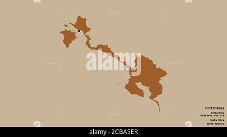 Gebiet von Puntarenas, Provinz Costa Rica, isoliert auf einem soliden Hintergrund in einer georeferenzierten Bounding Box. Beschriftungen. Komposition von gemusterten Texturen. Stockfoto