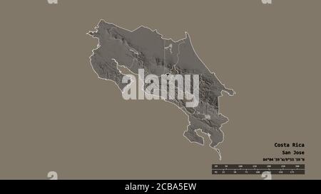 Entsättigte Form von Costa Rica mit seiner Hauptstadt, Hauptregionalteilung und dem abgetrennten San José-Gebiet. Beschriftungen. Farbige Höhenkarte. 3D-Rendering Stockfoto