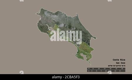 Entsättigte Form von Costa Rica mit seiner Hauptstadt, Hauptregionalteilung und dem abgetrennten Puntarenas-Gebiet. Beschriftungen. Satellitenbilder. 3D-Rendering Stockfoto