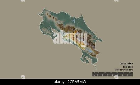 Entsättigte Form von Costa Rica mit seiner Hauptstadt, Hauptregionalteilung und dem abgetrennten San José-Gebiet. Beschriftungen. Topografische Reliefkarte. 3D-Rendering Stockfoto