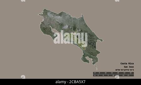 Entsättigte Form von Costa Rica mit seiner Hauptstadt, Hauptregionalteilung und dem abgetrennten San José-Gebiet. Beschriftungen. Satellitenbilder. 3D-Rendering Stockfoto