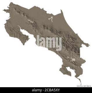 Form von Costa Rica mit seiner Hauptstadt isoliert auf weißem Hintergrund. Farbige Höhenkarte. 3D-Rendering Stockfoto