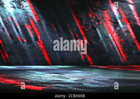 Dunkle leere Bühne, Product Showcase mit futuristischen Rosa und blauen Strahlen der Neonlichter auf nassem Asphalt und Rauch. Stockfoto