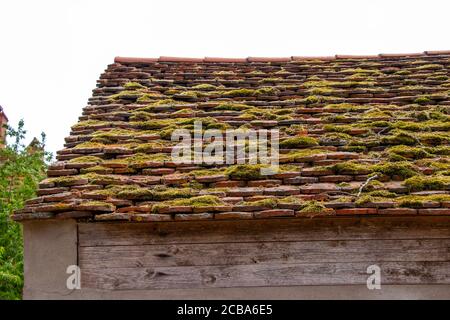 Nahaufnahme eines Daches auf einem alten Haus bedeckt Mit einem Moos Stockfoto