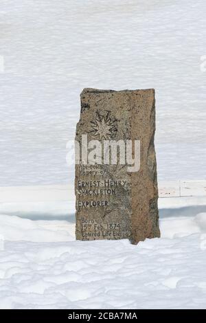 Ernest Shackletons Grabstele unter Schnee, Grytviken Friedhof, King Edward Cove, Südgeorgien, Südgeorgien und die Sandwichinseln, Antarktis Stockfoto