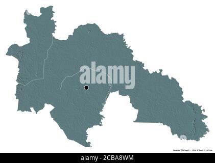 Form von Savanes, Bezirk von Côte d'Ivoire, mit seiner Hauptstadt isoliert auf weißem Hintergrund. Farbige Höhenkarte. 3D-Rendering Stockfoto