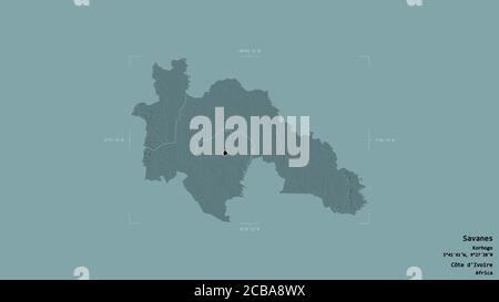 Gebiet von Savanes, Bezirk Côte d'Ivoire, isoliert auf einem soliden Hintergrund in einem georeferenzierten Begrenzungsrahmen. Beschriftungen. Farbige Höhenkarte. 3D-Renderin Stockfoto