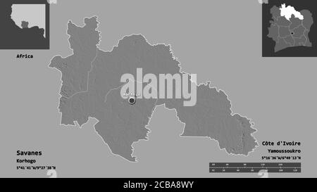 Form von Savanes, Bezirk von Côte d'Ivoire, und seine Hauptstadt. Entfernungsskala, Vorschauen und Beschriftungen. Höhenkarte mit zwei Ebenen. 3D-Rendering Stockfoto