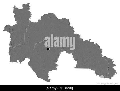 Form von Savanes, Bezirk von Côte d'Ivoire, mit seiner Hauptstadt isoliert auf weißem Hintergrund. Höhenkarte mit zwei Ebenen. 3D-Rendering Stockfoto