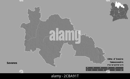 Form von Savanes, Bezirk von Côte d'Ivoire, mit seiner Hauptstadt auf festem Hintergrund isoliert. Entfernungsskala, Regionenvorschau und Beschriftungen. Bilevel Elevati Stockfoto