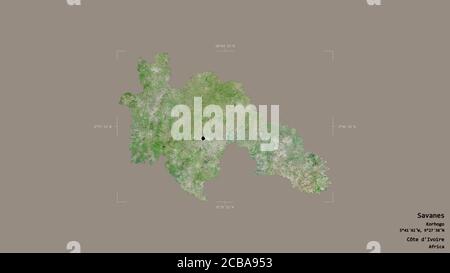 Gebiet von Savanes, Bezirk Côte d'Ivoire, isoliert auf einem soliden Hintergrund in einem georeferenzierten Begrenzungsrahmen. Beschriftungen. Satellitenbilder. 3D-Rendering Stockfoto