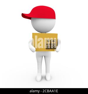3D Darstellung einer Geburt Mann Figur in einem roten Kappe hält eine Box isoliert auf einem weißen Hintergrund Stockfoto