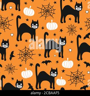 Halloween 2020 Coronavirus Muster schwarze Katze trägt Gesichtsmaske, Fledermaus, Spinnen nahtlose Vektor wiederholenden Hintergrund. Niedliche Hand gezeichnet Corona Kinder Stock Vektor