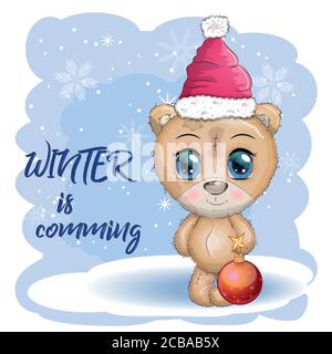 Niedlichen Cartoon-Bär mit großen Augen in einem Weihnachtshut, die Inschrift Winter kommt, Grußkarte, Neujahr Stock Vektor