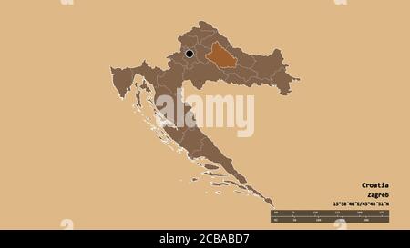 Entsättigte Form von Kroatien mit seiner Hauptstadt, der wichtigsten regionalen Teilung und der getrennten Bjelovarska-Bilogorska-Gebiet. Beschriftungen. Komposition von gemustert Stockfoto