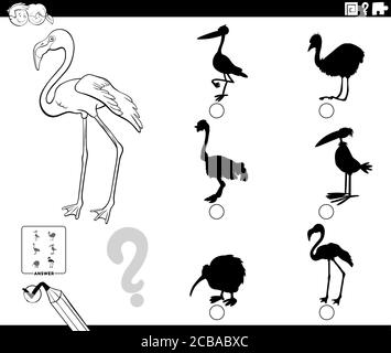 Schwarz-Weiß-Cartoon Illustration der Suche nach dem richtigen Schatten Zum Bildspiel für Kinder mit Flamingo Bird Tier Charakter Colo Stock Vektor