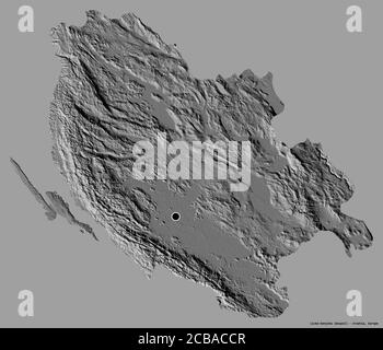 Form von Licko-Senjska, Grafschaft Kroatien, mit seiner Hauptstadt isoliert auf einem einfarbigen Hintergrund. Höhenkarte mit zwei Ebenen. 3D-Rendering Stockfoto