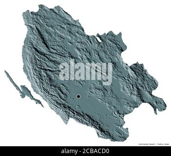 Form von Licko-Senjska, Grafschaft Kroatien, mit seiner Hauptstadt isoliert auf weißem Hintergrund. Farbige Höhenkarte. 3D-Rendering Stockfoto